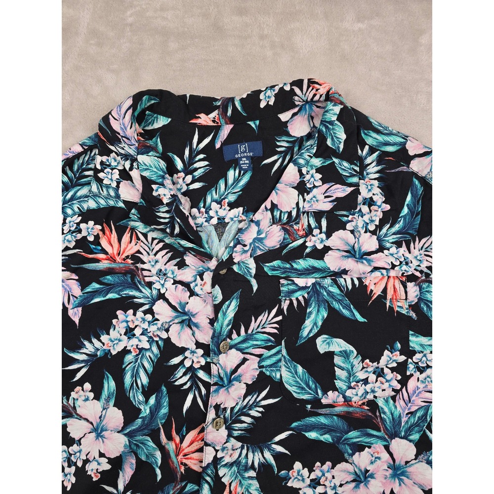 George Hawaiian Shirt Mens 3XL Black Tropical Floral Hibiscus Rayon Short Sleeve